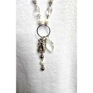 Silver Tone Pearl & Crystal Charm Necklace 30” Long Drop Heart Key FairyCore